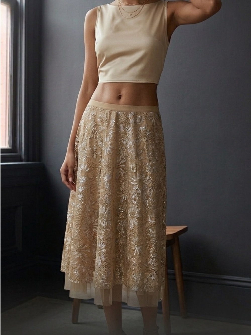 Vintage Moiselle gold lace midi skirt Size 40/USA 12